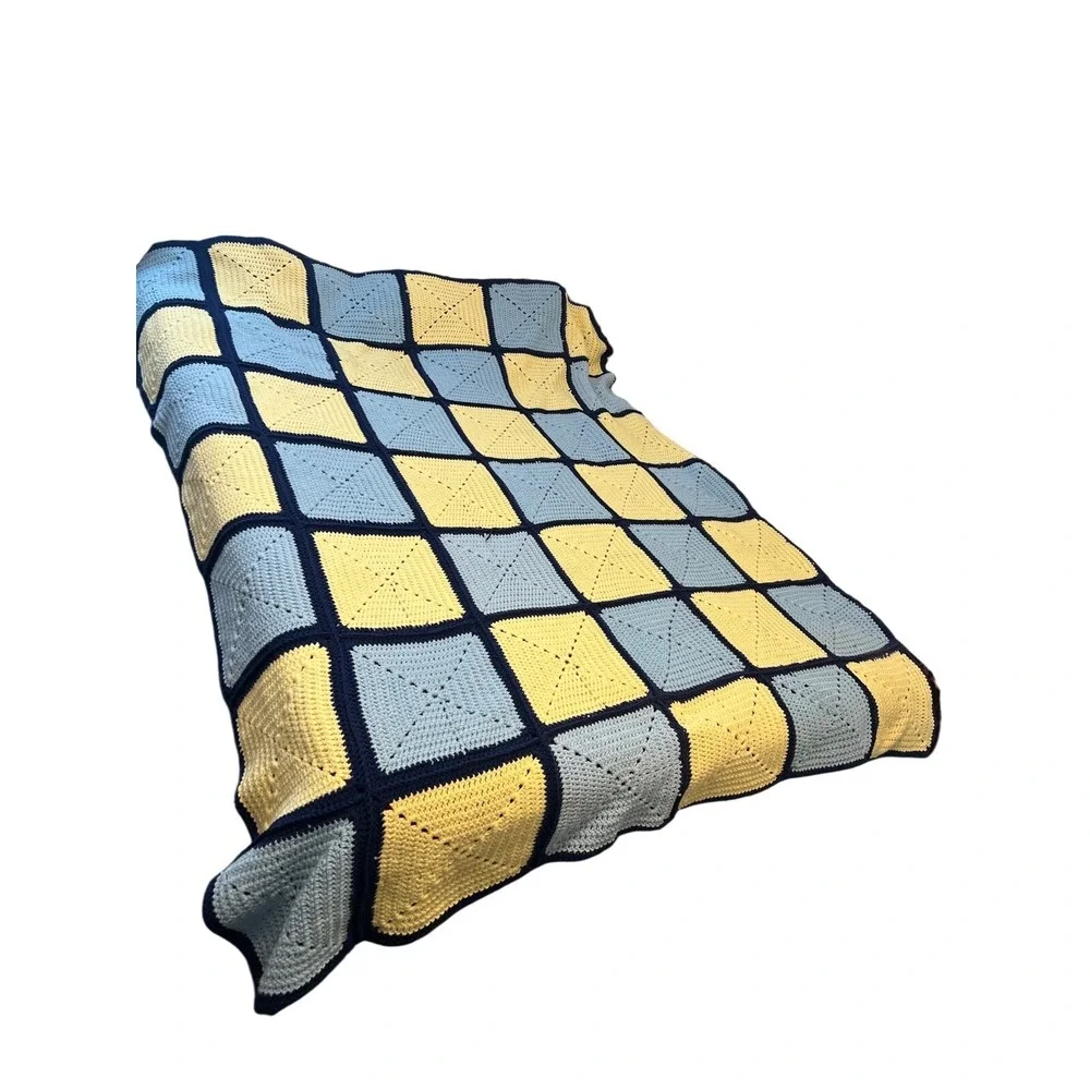 Handmade Granny‎ Square Crochet Afghan Throw Blanket Blue Navy Yellow 72